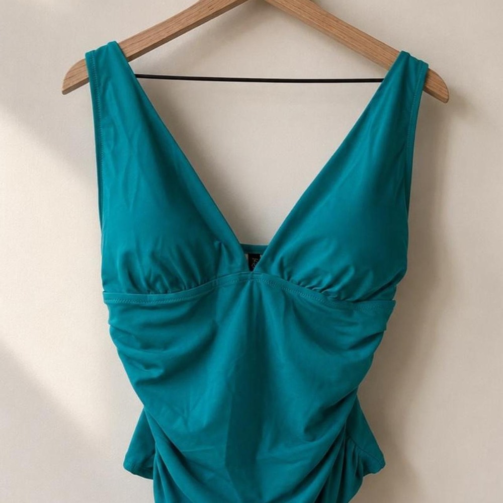 J.Crew Deep Teal Ruched Tankini Padded Swim Top adjustable straps‎ Coastal Large